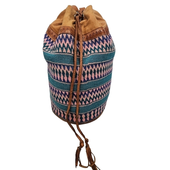 Vintage 90s‎ Pastel Bohemian Aztec Textile & Leather Backpack Bag - Picture 1 of 9